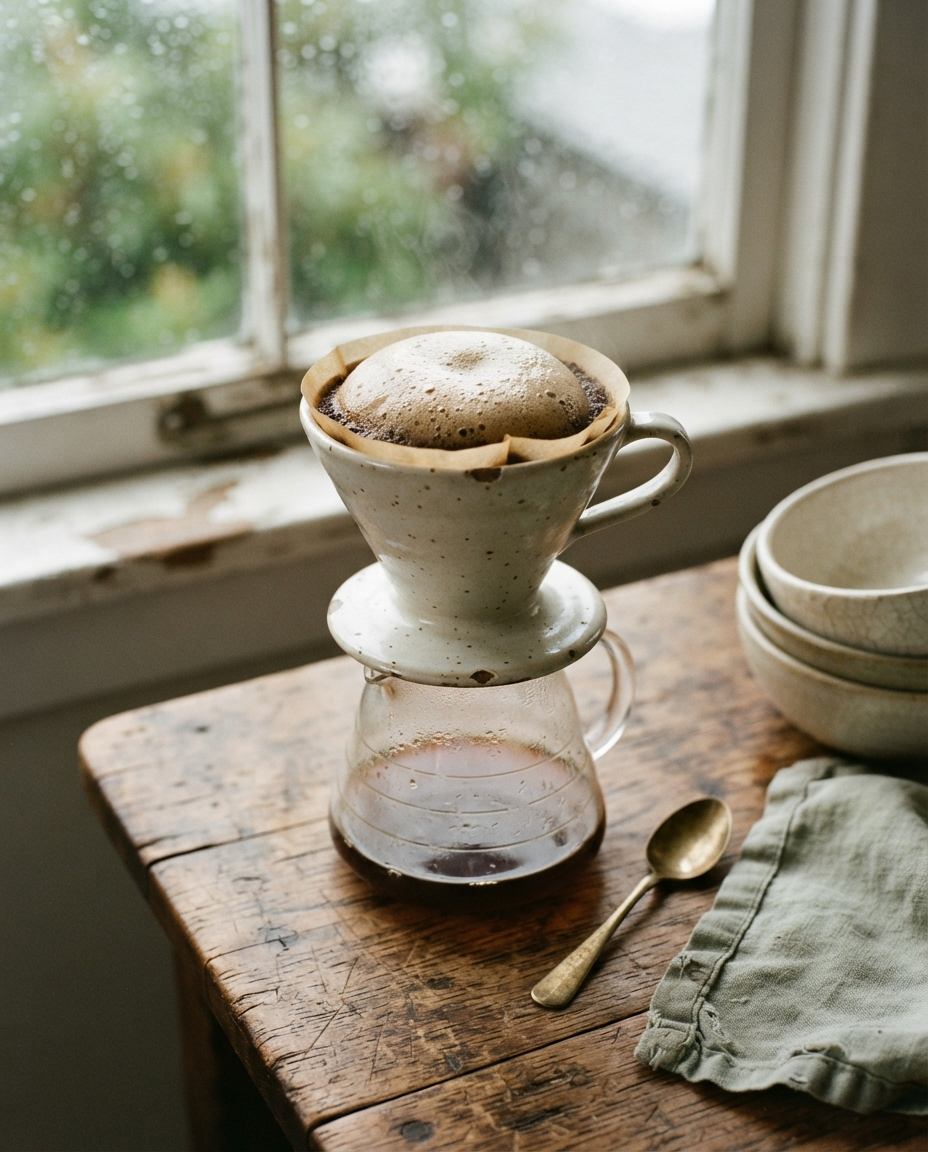 A pour-over cone on a glass carafe with the coffee bed swelling into a high domed crust of pale brown foam covered in fine bubbles.