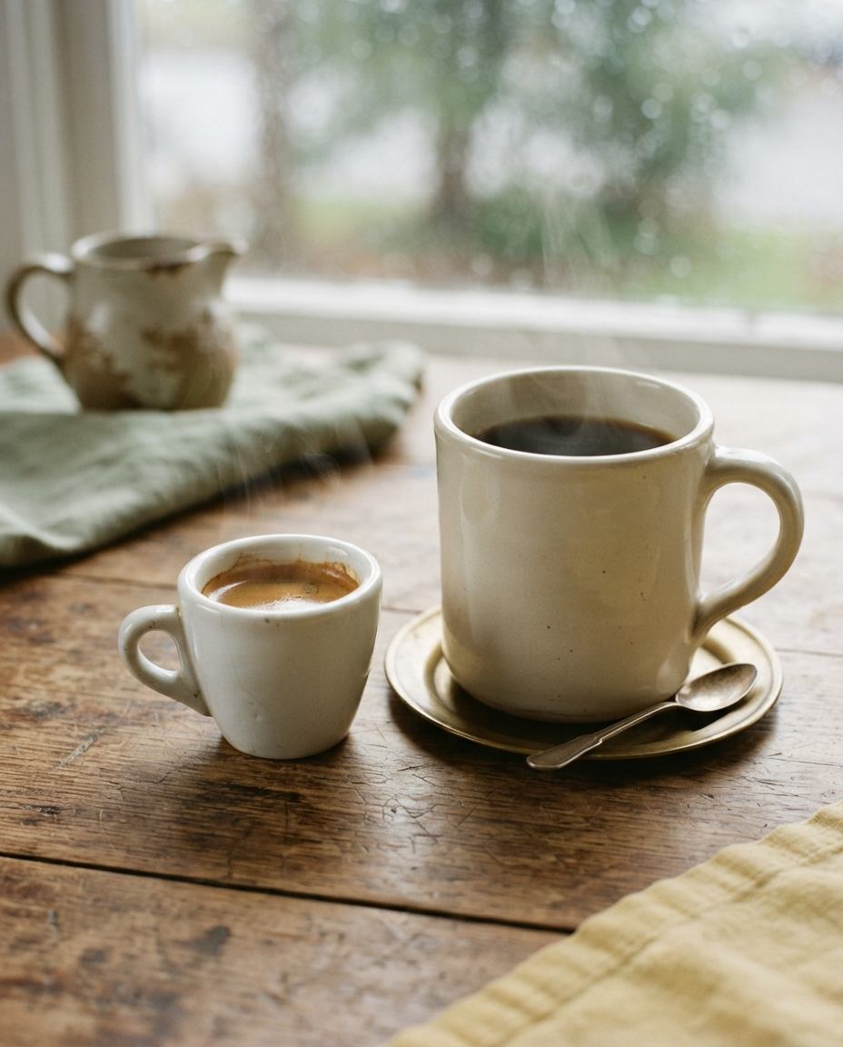 A small thick-walled white espresso cup holding a dark concentrated shot beside a large cream stoneware mug brimming with drip coffee.