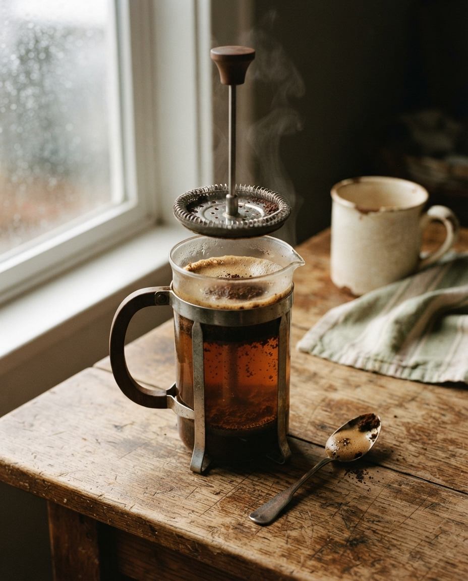 A glass French press with its plunger raised above a thick raft of coffee foam, a spoon of skimmed foam beside it.
