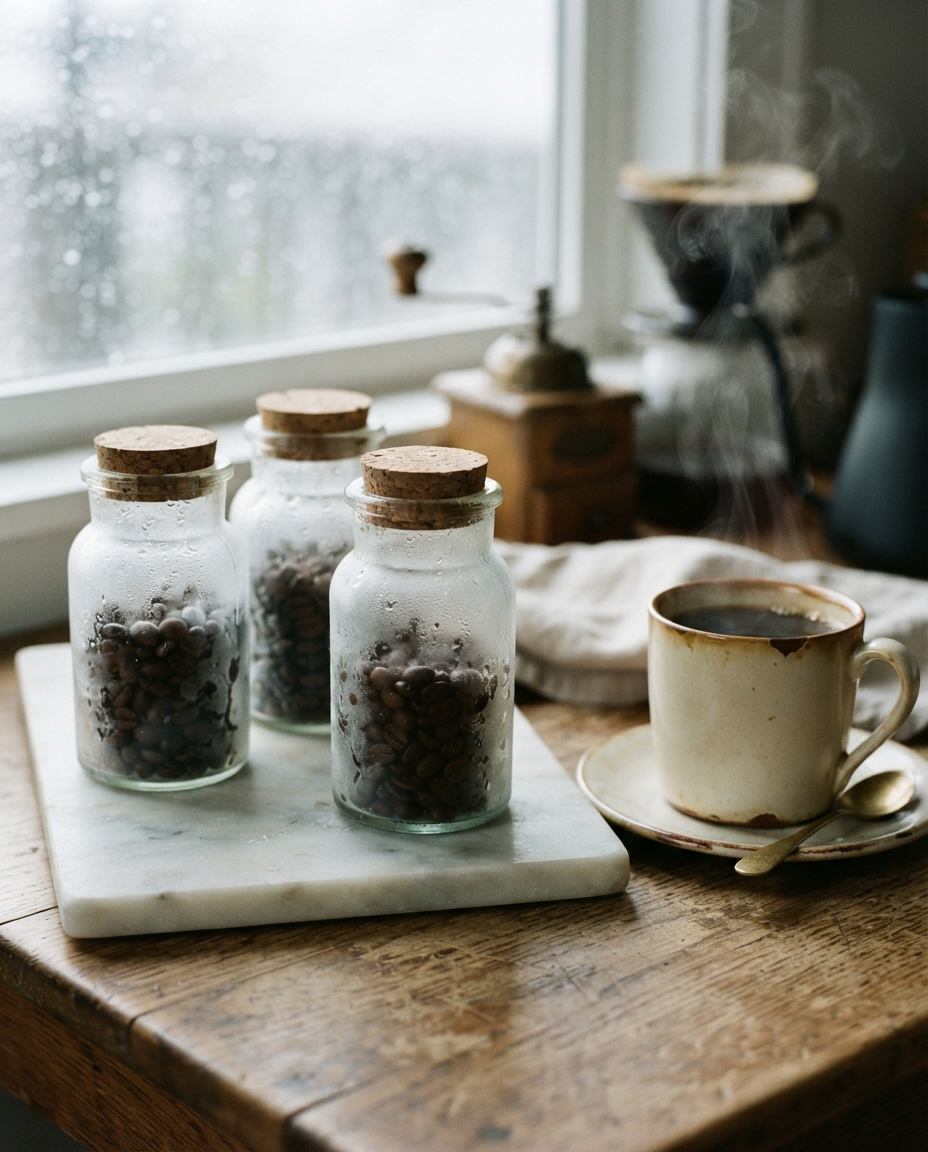 Three small sealed glass jars of whole coffee beans on a cold marble surface, frost and condensation clouding the outside of the glass.
