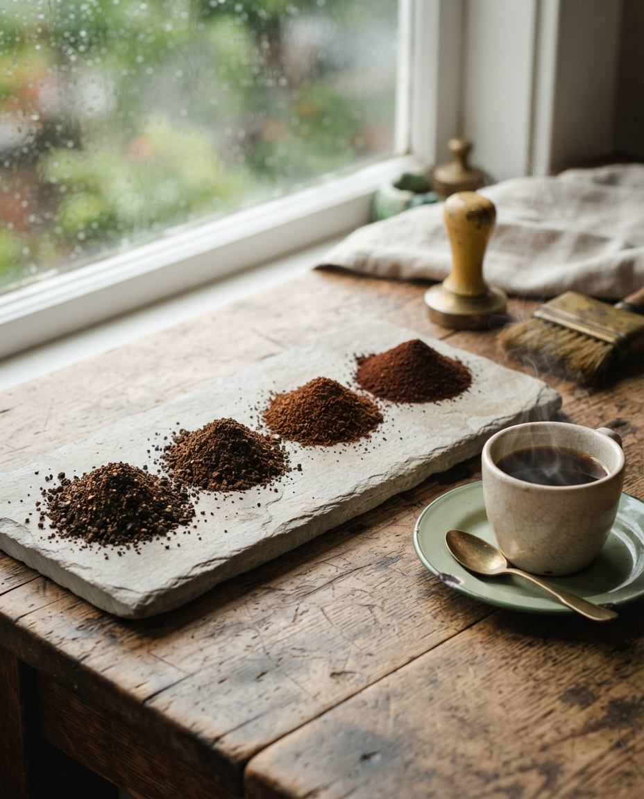 Four mounds of ground coffee lined up on a slate board, from very coarse on the left to fine and powdery on the right.