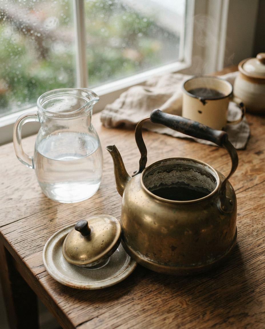 A glass pitcher of clear water beside a brass kettle with its lid off, revealing a chalky white limescale crust built up around the waterline inside.