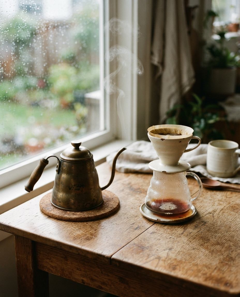 A brass gooseneck kettle resting on a cork trivet, a thin wisp of steam at the spout, with a pour-over cone and glass carafe waiting beside it.