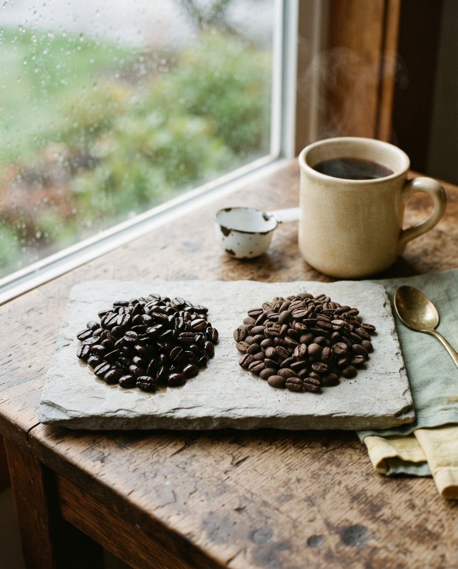 Two piles of dark roasted coffee beans side by side on a slate board, the left glossy with surface oil, the right matte and dry.