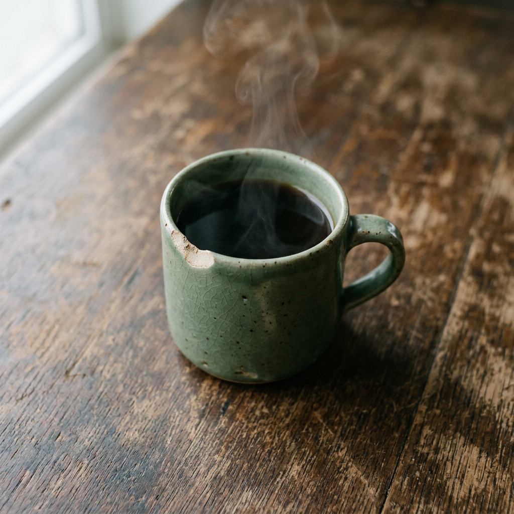 A single sage-glazed stoneware mug of black coffee on a worn oak table, seen from above, steam rising gently.