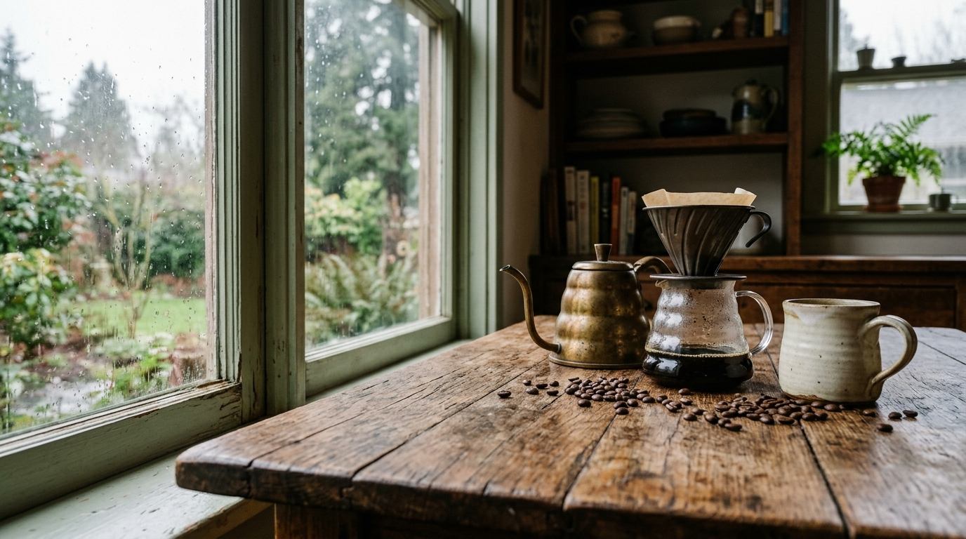 A worn oak kitchen table with a brass gooseneck kettle, a pour-over cone on a glass carafe and a cream stoneware mug, beans scattered across the wood, a rain-flecked window to the left.